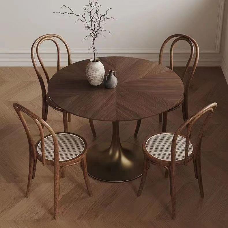 实木复古风圆形餐桌家用小户型简约纯白德利丰岩板阳台洽谈饭桌椅