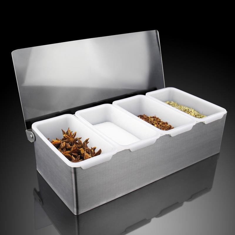 不锈钢调味盒调料盒套装 厨房装盐的作料盒佐料盒 4格