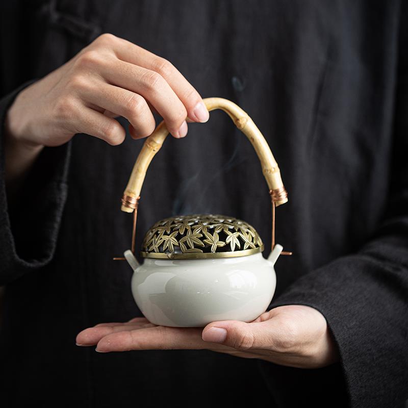 覆古中式陶瓷手提香炉家用香碳香薰可携式提梁暖手炉手捧汉服配饰