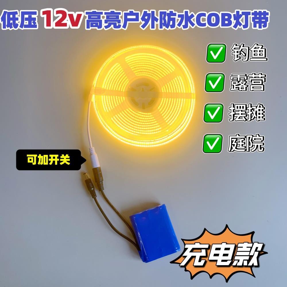 防水灯带低压12V户外防水COB灯带露营钓鱼氛围灯摆摊帐篷充电灯条