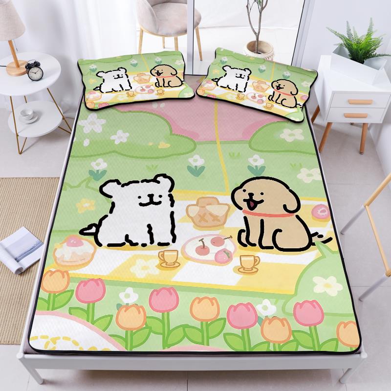 儿童卡通线 线条小狗冰丝凉席三件套1.5m床双人可水洗席子夏季空