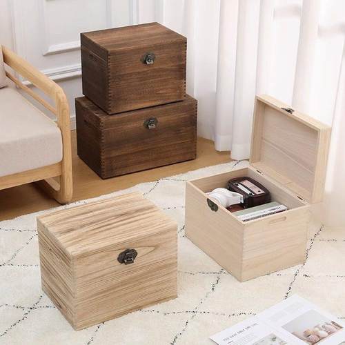 家用复古做旧实木质桌面收纳杂物大小箱子带锁收纳盒储物箱整理箱