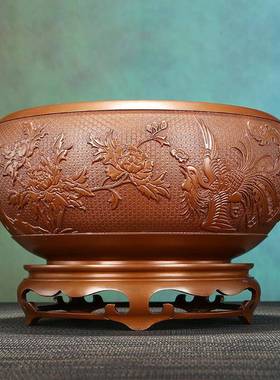 包邮紫铜双凤钵铜聚宝盆家居玄关办公室商务礼品摆件