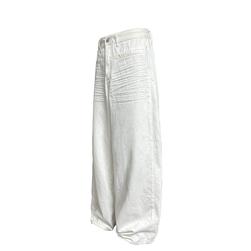 JCAESAR WHITE DENIM压褶白色阔腿牛仔裤 立体抓痕猫须 baggy版型图片