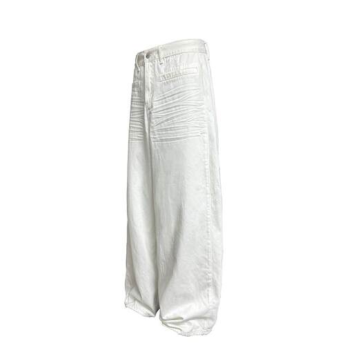JCAESAR WHITE DENIM压褶白色阔腿牛仔裤 立体抓痕猫须 baggy版型