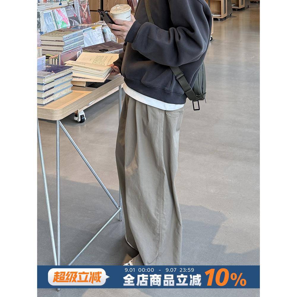 纯色打褶休闲裤工装裤春秋季男生2025新款卡其宽松长裤子简约百搭