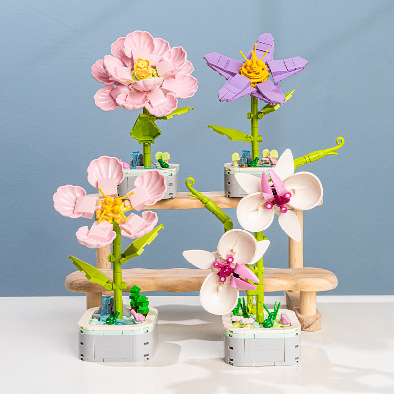 钻马小颗粒盆栽积木花紫荆花百合花家居摆件装饰DIY积木玩具批发