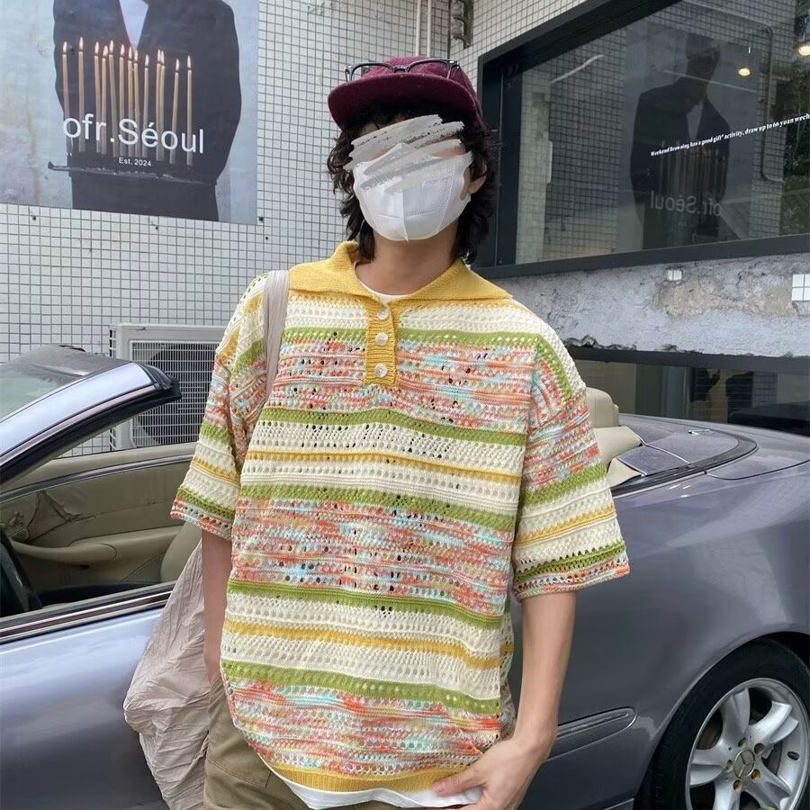 夏季薄款彩色渐变镂空针织男美式小清新宽松情侣polo衫休闲上衣潮