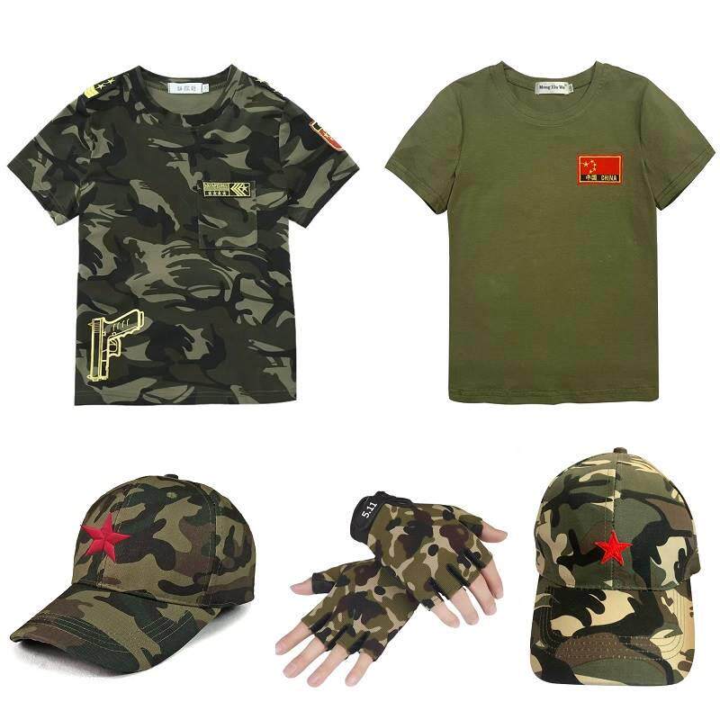 儿童迷彩服套装纯棉t恤男童迷彩短袖女童帅气童装长袖警官军训服