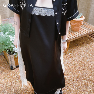 GRAFFETTA原创设计25蕾丝吊带连衣裙 v领吊带黑色长裙