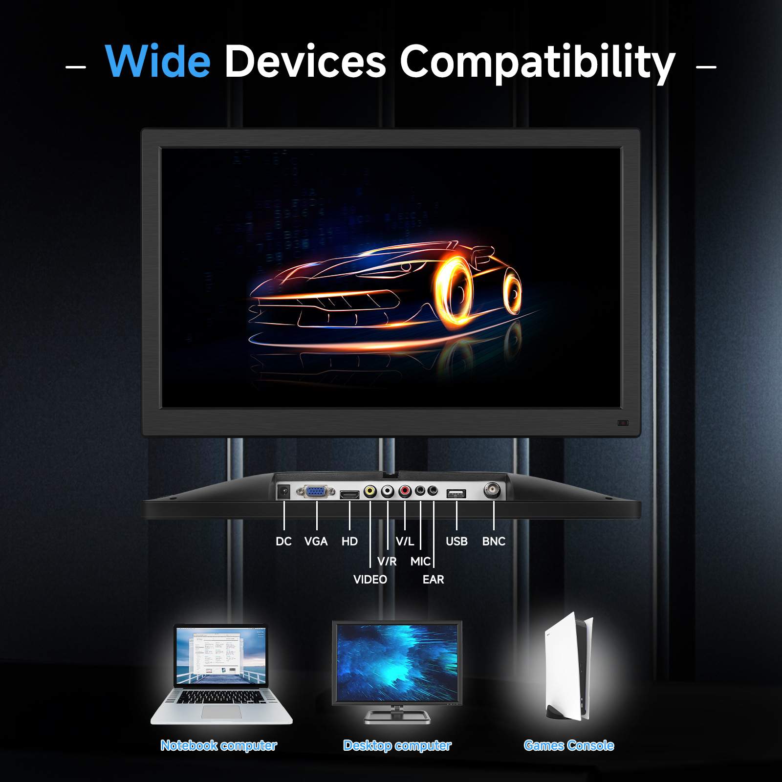 爆款 15.6寸车载显示器AV/HD/MI/USB/TV音频接口