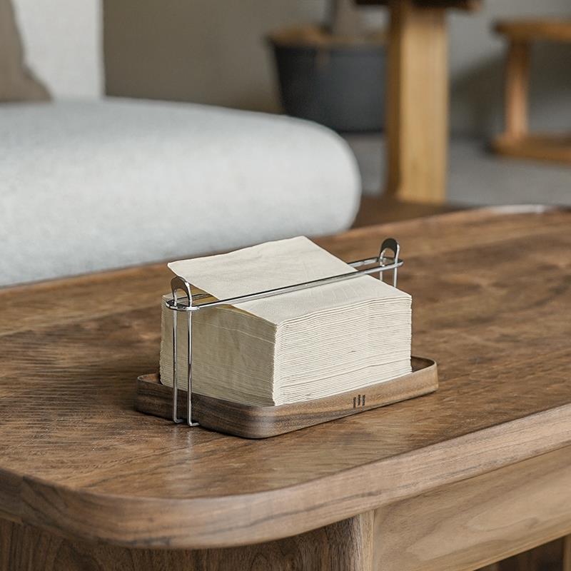山隐造物桌面纸巾架盒客饭厅下压沉式创意抽胡桃实木中古送礼品物