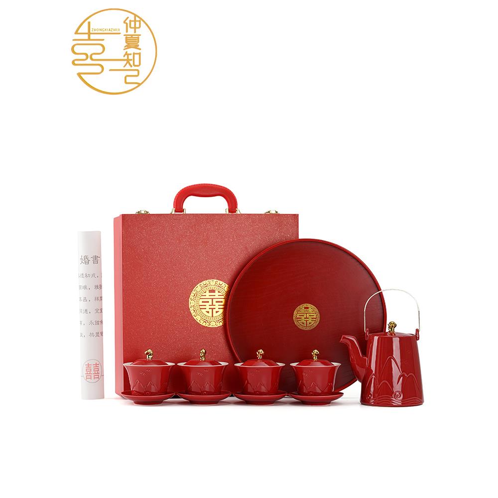 仲夏知己结婚敬茶杯套装一对红色喜碗筷订婚陪嫁敬酒茶壶用品大全