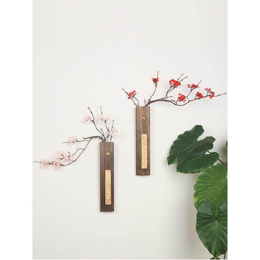 实木插花瓶仿真假花墙面卧室背景玄关墙壁挂件装饰摆件客餐厅中式