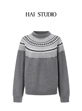 HAI STUDIO2025秋冬新品 女士黑色费尔岛圆领毛衣 长袖羊毛衫上衣