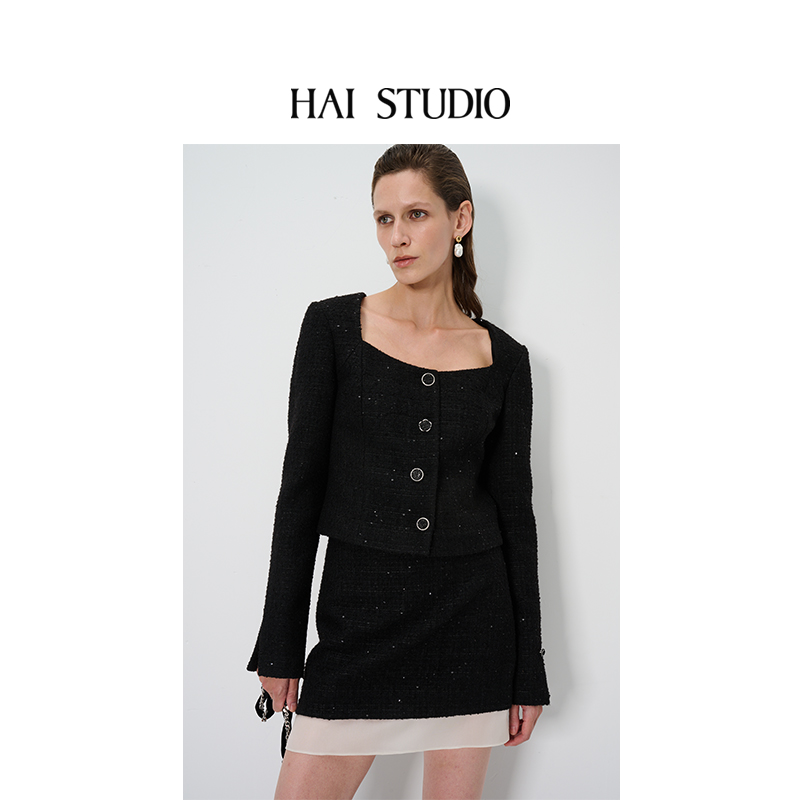 春夏新款女黑色亮片粗花呢短外套