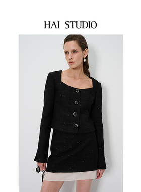 HAI STUDIO春夏女粗花呢短外套 优雅小香风短夹克小众设计感