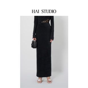 HAI 小众设计优雅高腰通勤开衩长裙子 STUDIO春夏女立裁针织半裙