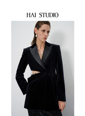 HAI STUDIO春夏女黑色丝绒露腰西装 原创小众设计师收腰显瘦外套