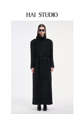 yigenana同款HAI STUDIO秋冬女黑色立领长款外套廓形羊毛大衣外套