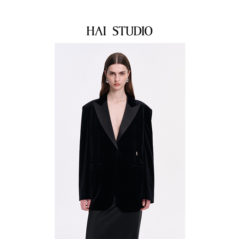 秋冬女士黑色丝绒西装