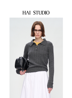 HAI STUDIO2025秋冬新品 女士羊绒针织POLO衫 修身长袖羊绒衫毛衣