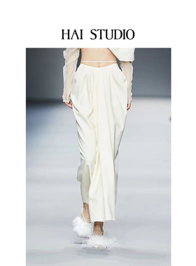 HAI STUDIO春夏女士象牙白丝毛提花腰系带半裙 原创设计师半身裙