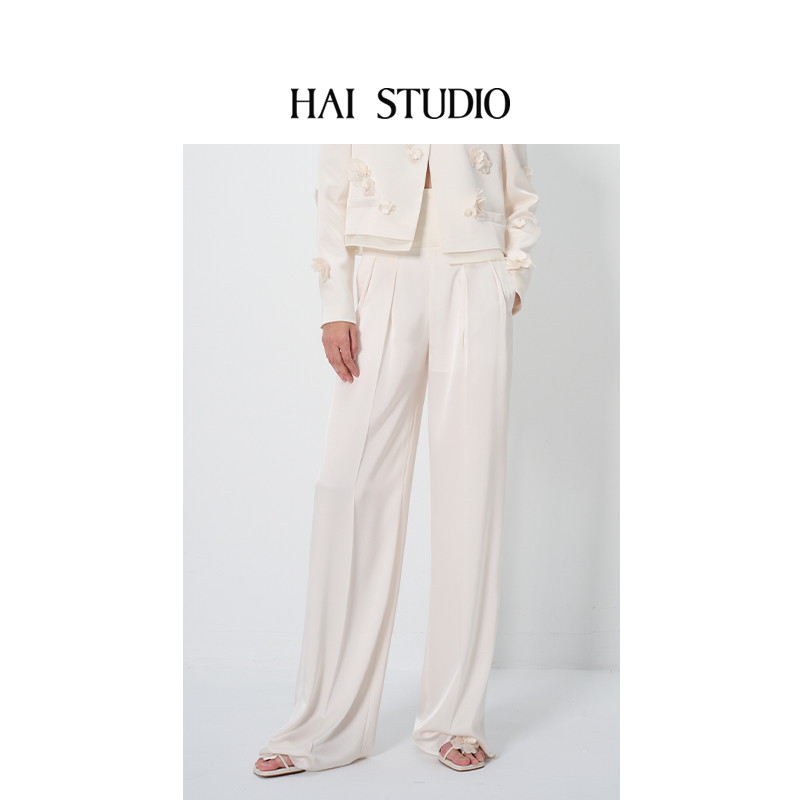 春夏象牙白针织腰阔腿裤休闲长裤