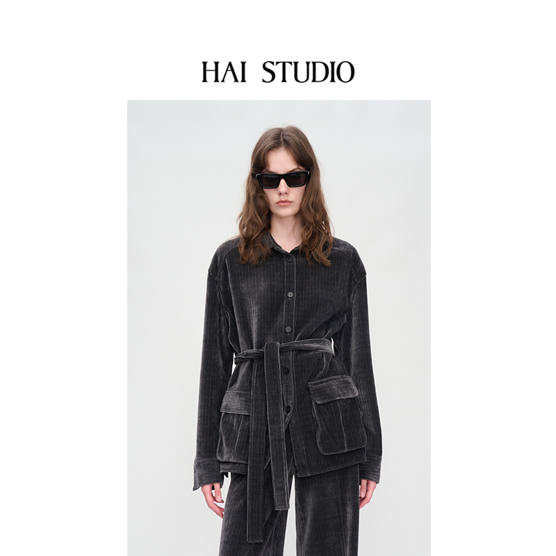 秋冬新品女士灯芯绒腰系带衬衫