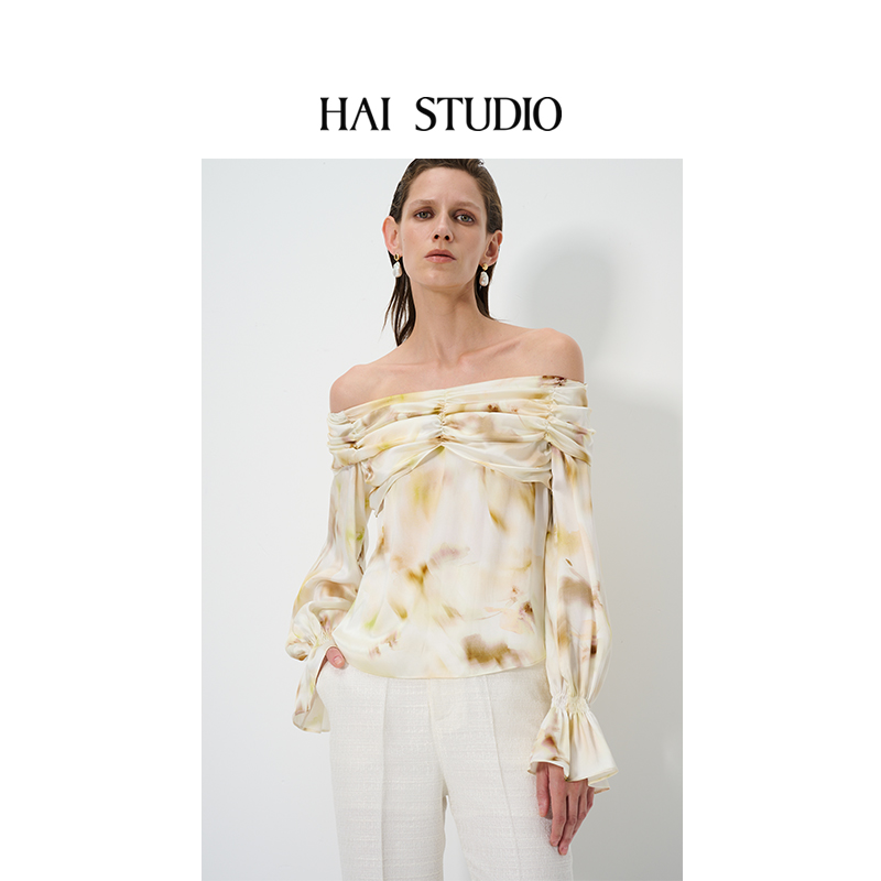 黄色HAISTUDIO印花一字肩上衣