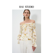 优雅小众设计师一字肩 上衣 HAI STUDIO春夏女士一字领印花灯笼袖