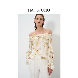 优雅小众设计师一字肩 上衣 HAI STUDIO春夏女士一字领印花灯笼袖