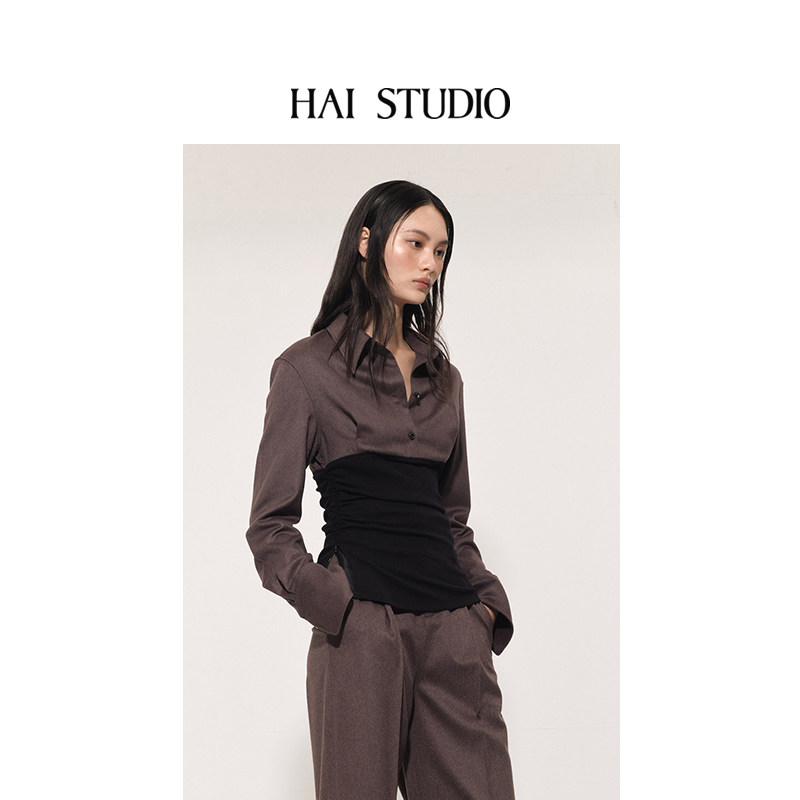 HAI STUDIO秋冬女士羊绒针织腰衬衫长袖腰封修身上衣优雅小众设计