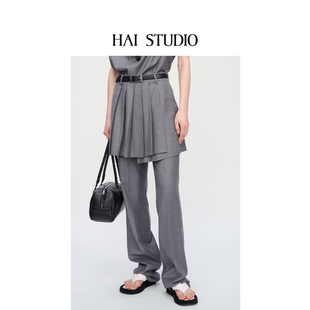 休闲裤 HAI 设计感百褶裙裤 女灰色百褶假两件长裤 STUDIO25秋冬新品