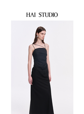 HAI STUDIO秋冬 女士黑色斜裁吊带裙吊带露肩连衣裙礼服