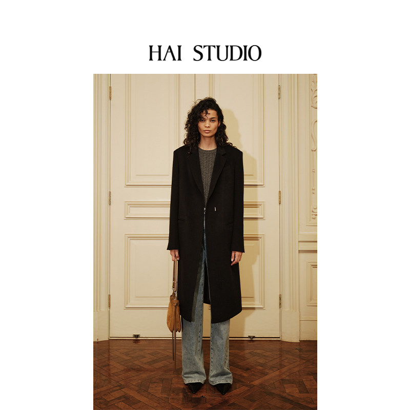 HAI STUDIO2026秋冬新品女士山羊绒直身大衣极简修身戗驳领长外套