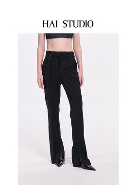 HAI STUDIO秋冬 女士黑色腰系带长裤 修身休闲裤子
