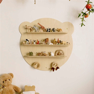 儿童房小熊圆形壁挂背景墙装 饰木质置物架陈列动物摆件多层收纳架