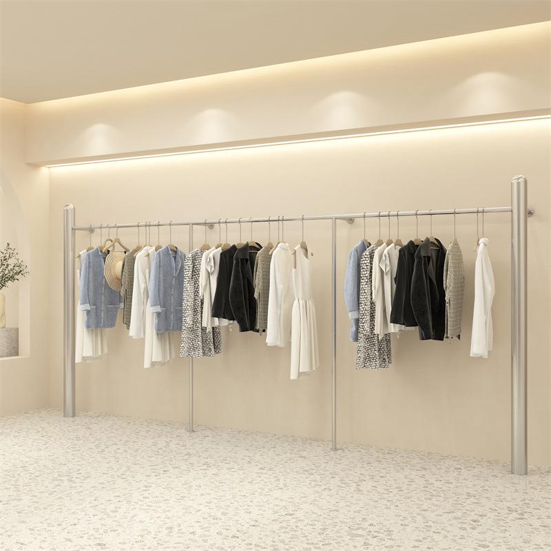 服装店展示架落地式不锈钢银色上墙挂衣杆女装店货架陈列道具架子