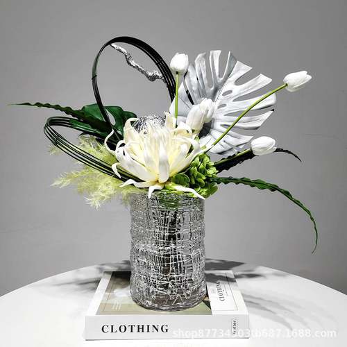 现代水晶玻璃插花白绿花艺摆件展厅样板间餐桌仿真花饰品桌面摆放