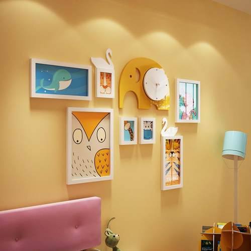 实木_6191_卡通实木照片墙儿童组合相框装饰画大象真钟表可换相片