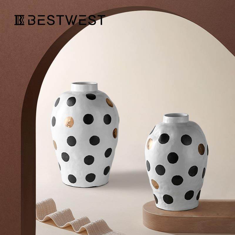 Bestwest大号波点艺术大肚陶瓷花瓶摆件家居样板间客厅软装瓷器