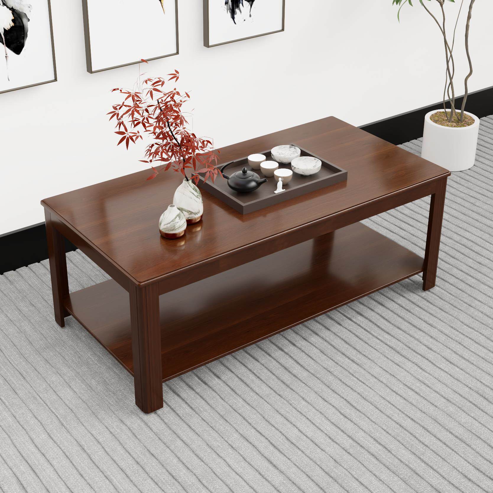 大尺寸正方形沙发边几客厅接待红色办公室双层实木角几中式茶几桌