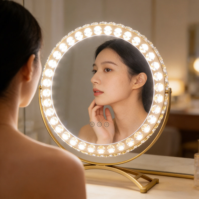 法式水晶led灯化妆镜桌面台式梳妆镜子带灯高端轻奢高清智能镜圆
