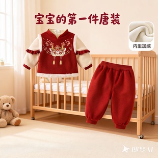 中式女童套装冬装儿童中国风喜庆唐装汉服宝宝周岁礼服抓周拜年服