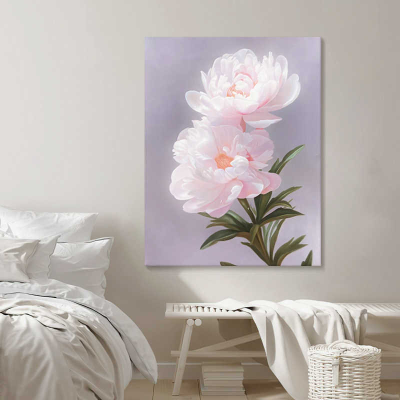 现代简约粉色花卉手绘油画富贵牡丹客厅装饰画玄关挂画竖版丙烯画图片
