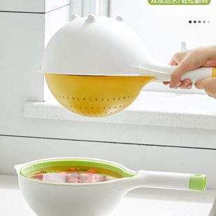 家用北欧风格 厨房双层沥水篮洗菜盆子水果蓝网红款 手柄黄色洗菜框