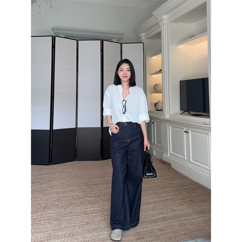 郭九九呢100%亚麻老钱风百搭宽松衬衫简约上衣女高腰阔腿牛仔裤