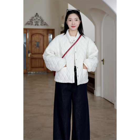 郭九九呢贵气感小香立体绣花立领棉服外套秋季百搭阔腿牛仔裤