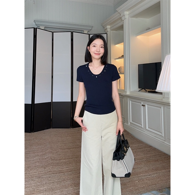 郭九九呢 羊毛修身显瘦短袖针织上衣夏季新款简约百搭直筒长裤